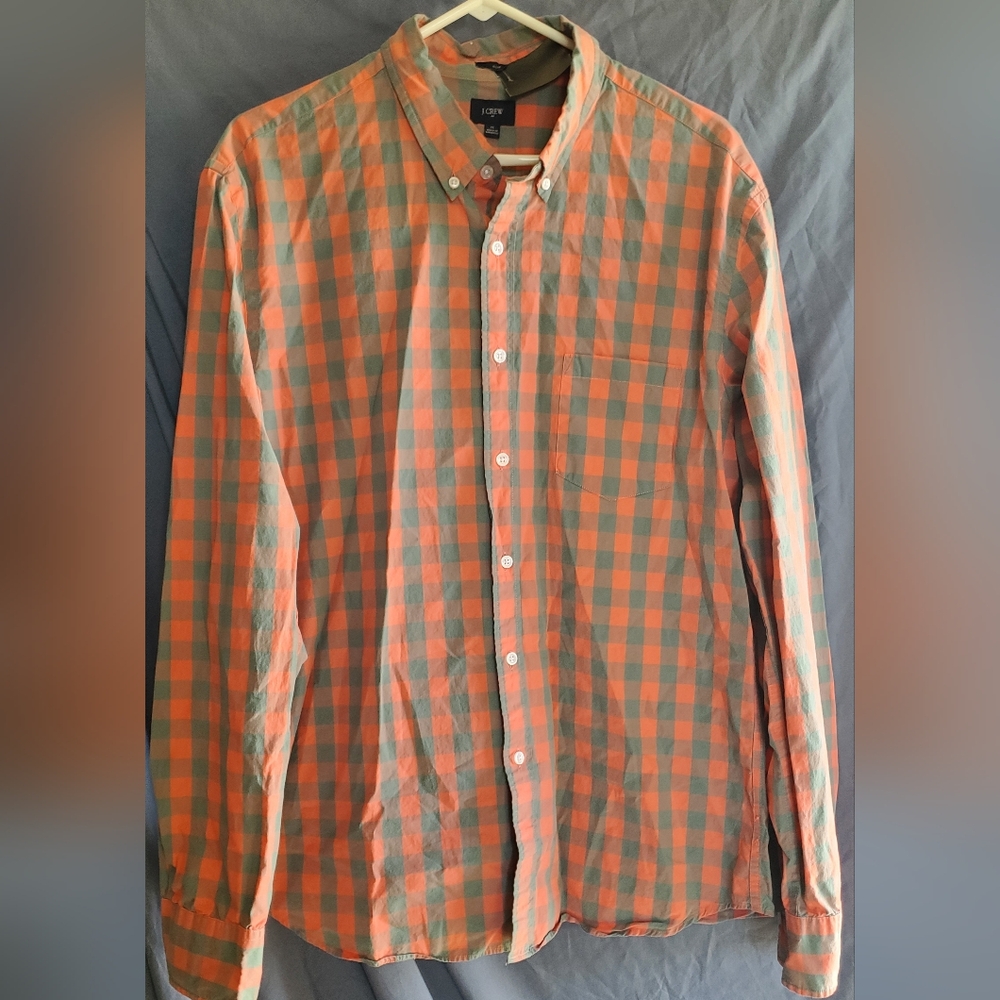 J. Crew Men's Casual Orange and Green Plaid Shirt, XL